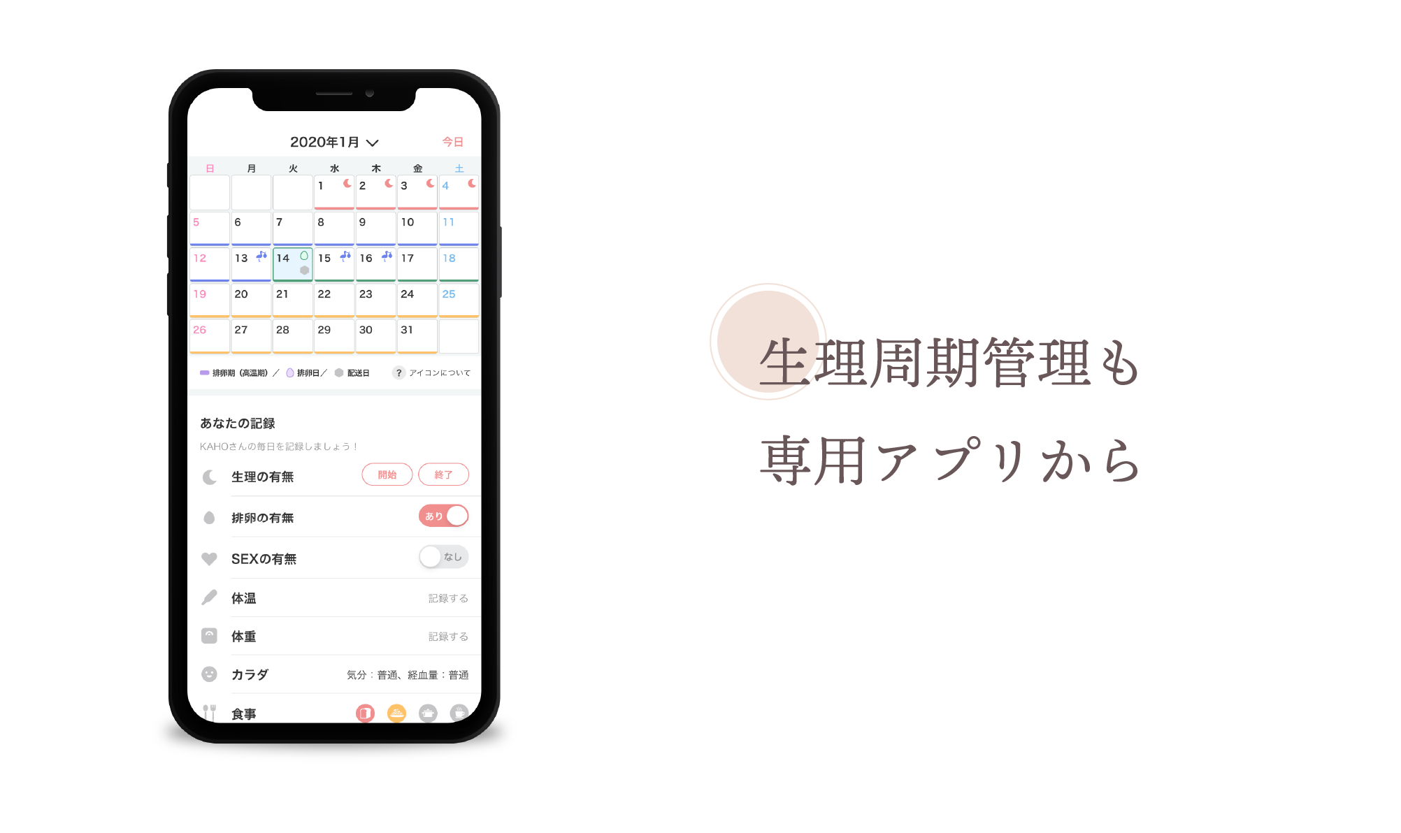 生理周期管理も専用アプリから